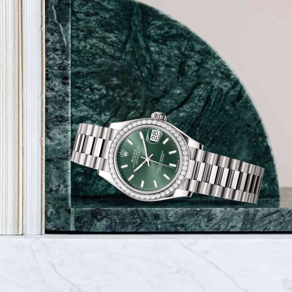 Rolex Datejust 31mm - Ref: 278289rbr-0015 - Mint Green Stick Dial & Diamond Bezel, 18K White Gold President Bracelet Women's Watch