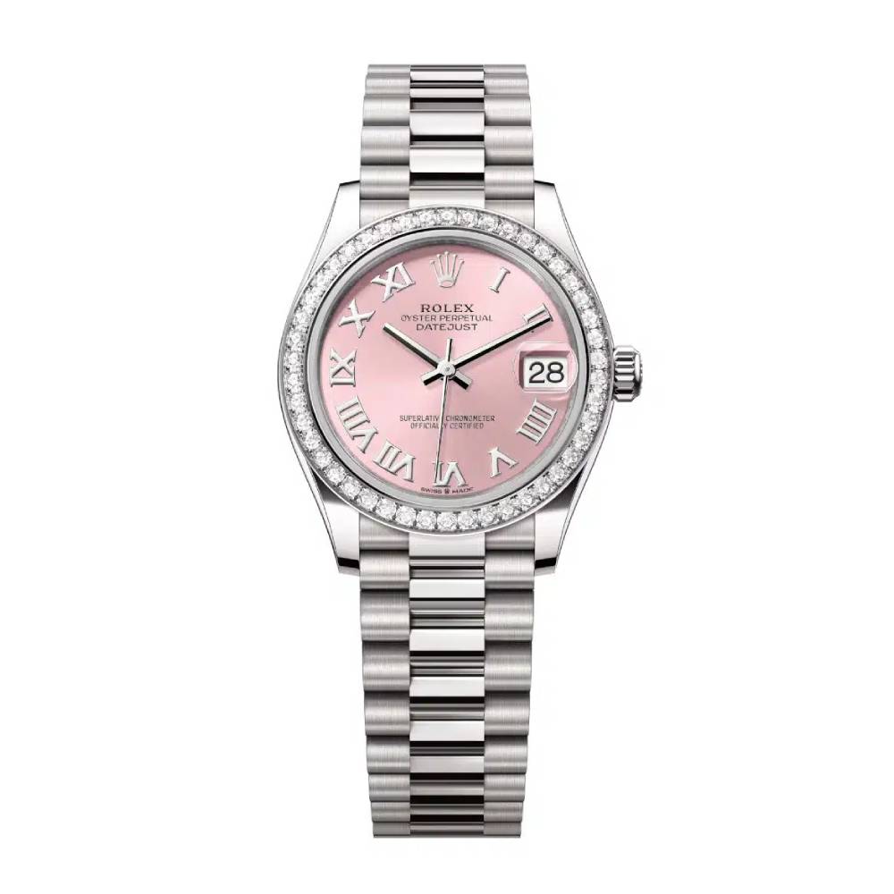 Rolex Datejust 31mm - Ref: 278289rbr-0016 - Pink Roman Dial & Diamond Bezel, 18K White Gold President Bracelet Women's Watch