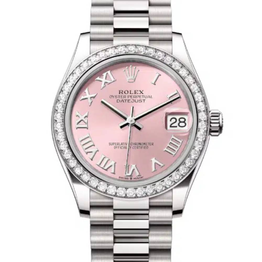 Rolex Datejust 31mm - Ref: 278289rbr-0016 - Pink Roman Dial & Diamond Bezel, 18K White Gold President Bracelet Women's Watch