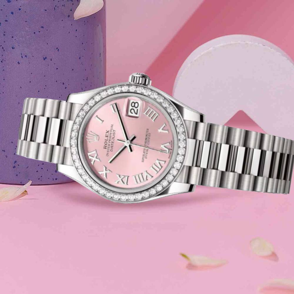 Rolex Datejust 31mm - Ref: 278289rbr-0016 - Pink Roman Dial & Diamond Bezel, 18K White Gold President Bracelet Women's Watch