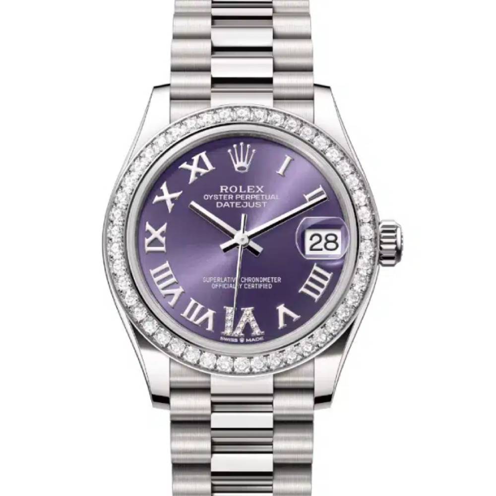 Rolex Datejust 31mm - Ref: 278289rbr-0019 - Aubergine Purple Roman Diamond Dial & Diamond Bezel, 18K White Gold President Bracelet Women's Watch