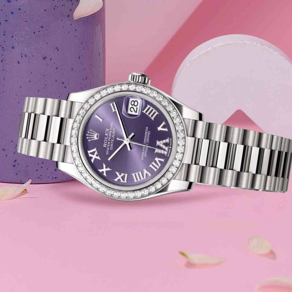 Rolex Datejust 31mm - Ref: 278289rbr-0019 - Aubergine Purple Roman Diamond Dial & Diamond Bezel, 18K White Gold President Bracelet Women's Watch