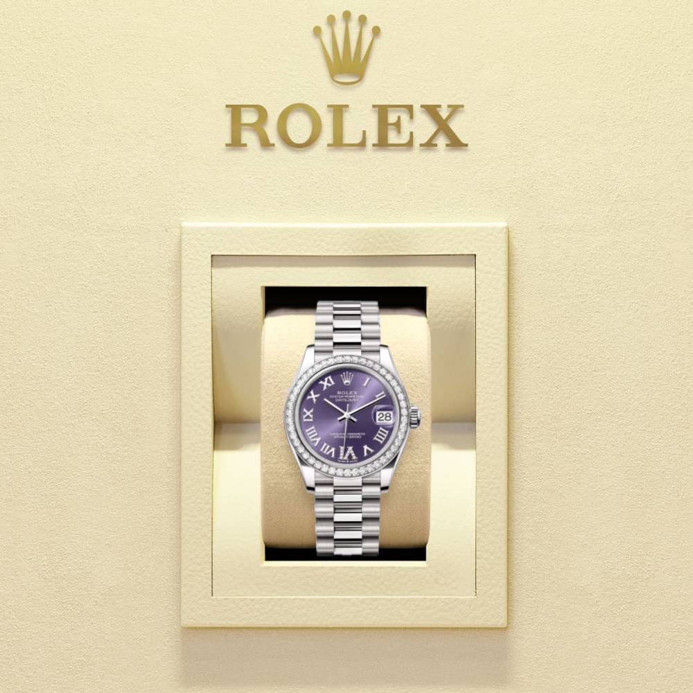 Rolex Datejust 31mm - Ref: 278289rbr-0019 - Aubergine Purple Roman Diamond Dial & Diamond Bezel, 18K White Gold President Bracelet Women's Watch