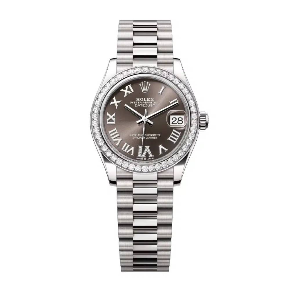 Rolex Datejust 31mm - Ref: 278289rbr-0020 - Dark Grey Roman Diamond Dial & Diamond Bezel, 18K White Gold President Bracelet Women's Watch