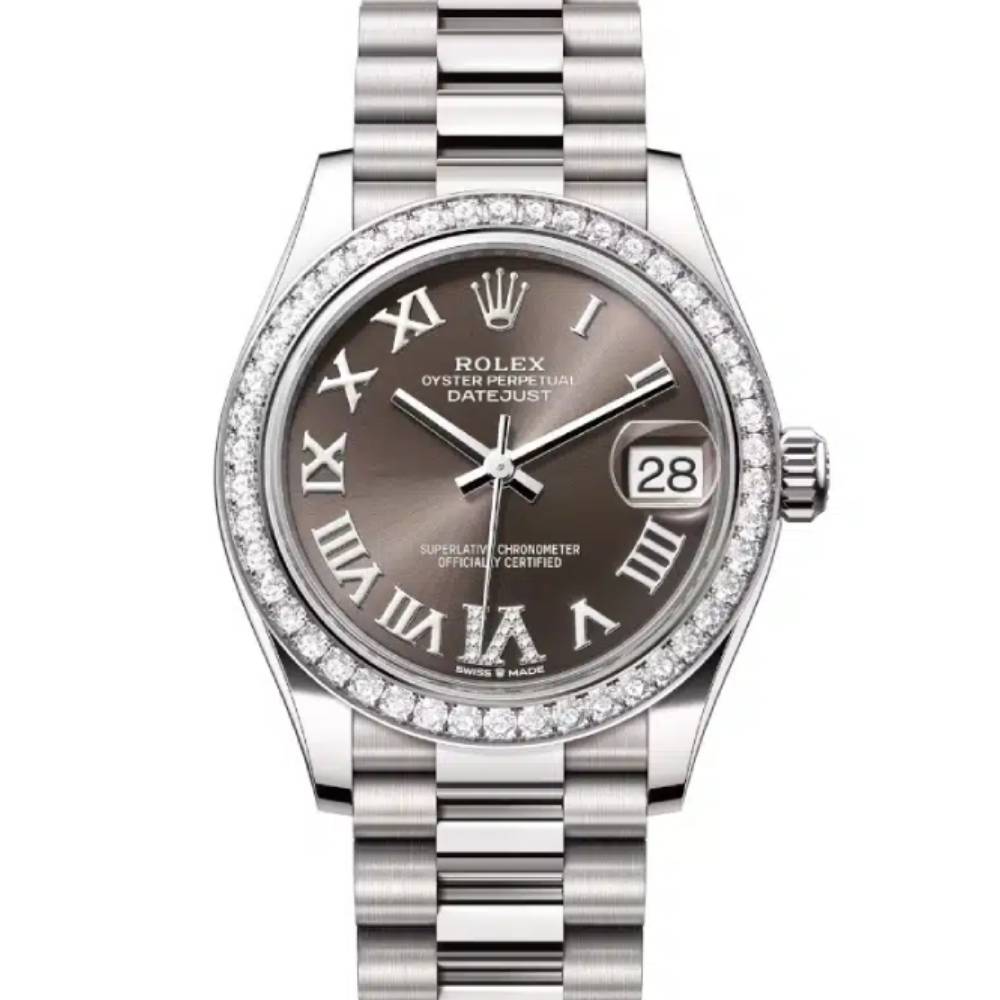 Rolex Datejust 31mm - Ref: 278289rbr-0020 - Dark Grey Roman Diamond Dial & Diamond Bezel, 18K White Gold President Bracelet Women's Watch