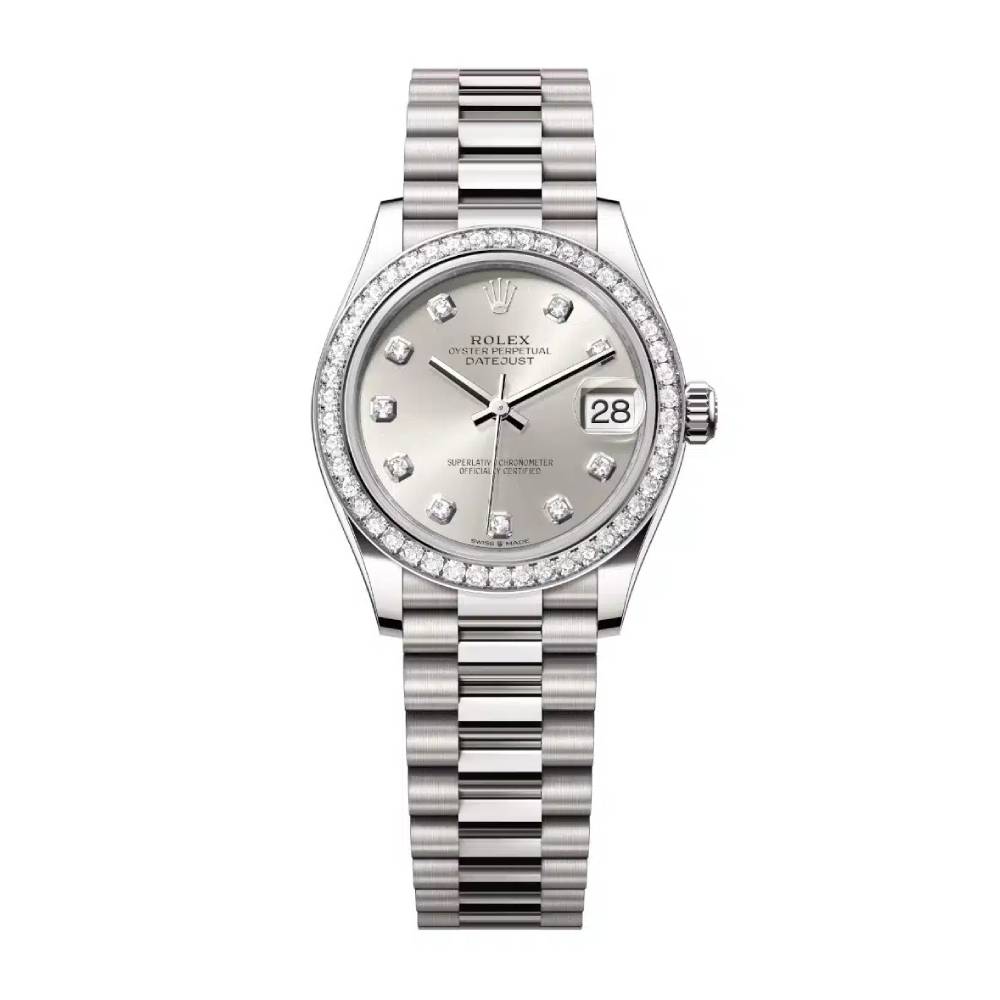 Rolex Datejust 31mm - Ref: 278289rbr-0021 - Silver Diamond Dial & Diamond Bezel, 18K White Gold President Bracelet Women's Watch