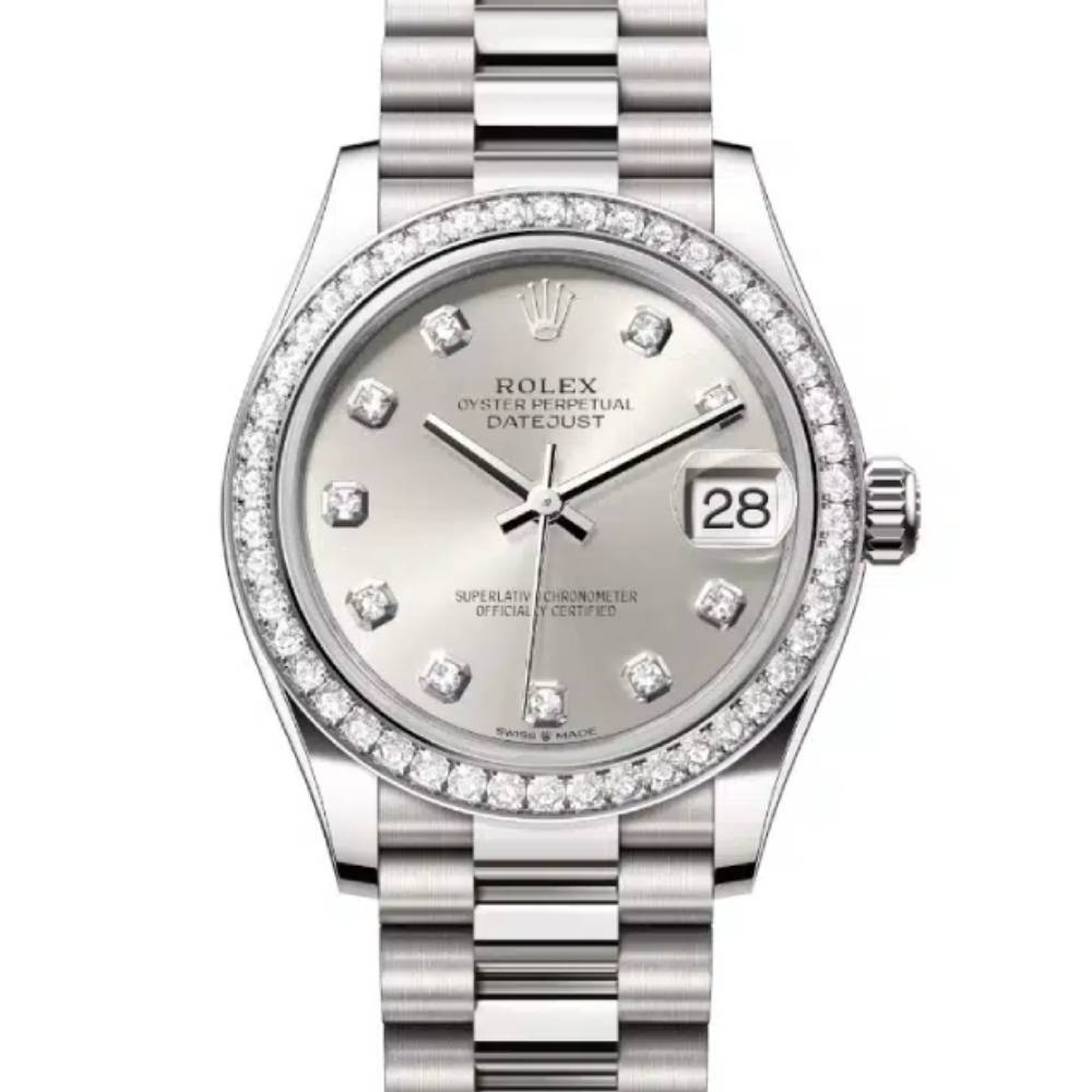 Rolex Datejust 31mm - Ref: 278289rbr-0021 - Silver Diamond Dial & Diamond Bezel, 18K White Gold President Bracelet Women's Watch