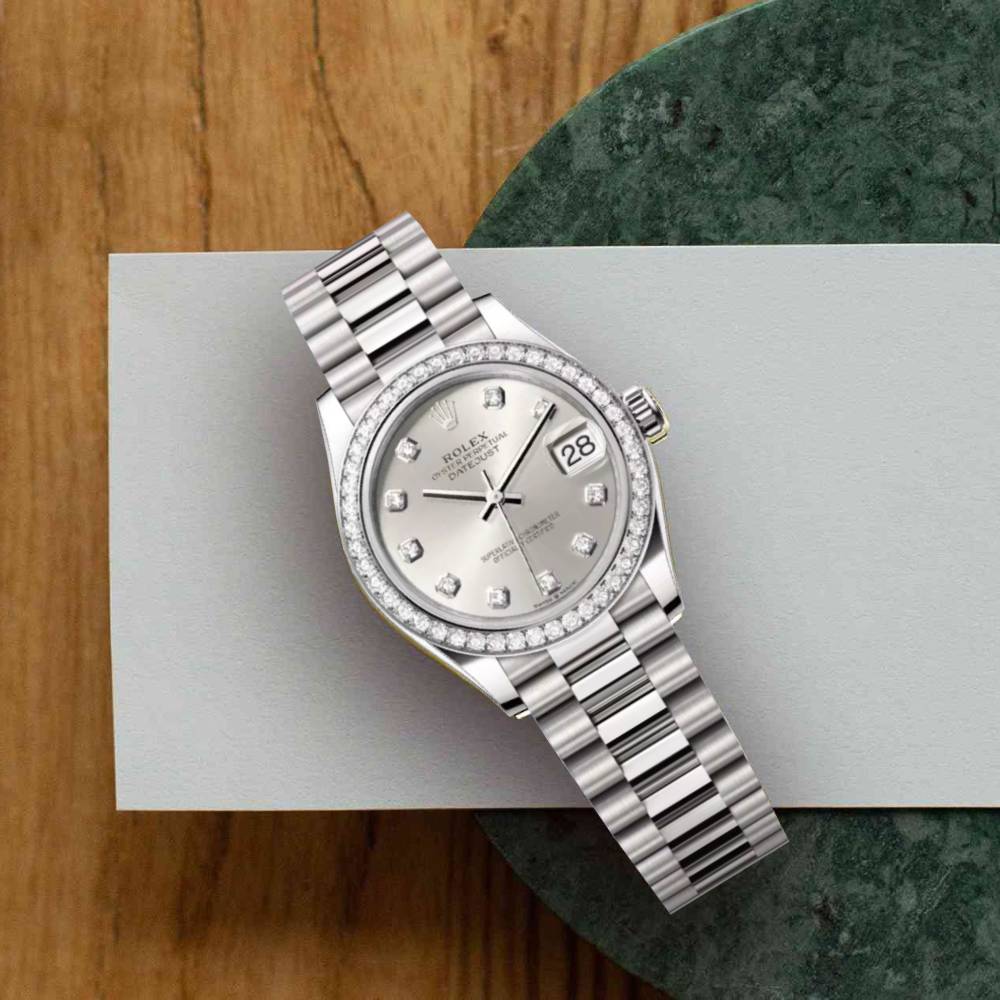 Rolex Datejust 31mm - Ref: 278289rbr-0021 - Silver Diamond Dial & Diamond Bezel, 18K White Gold President Bracelet Women's Watch