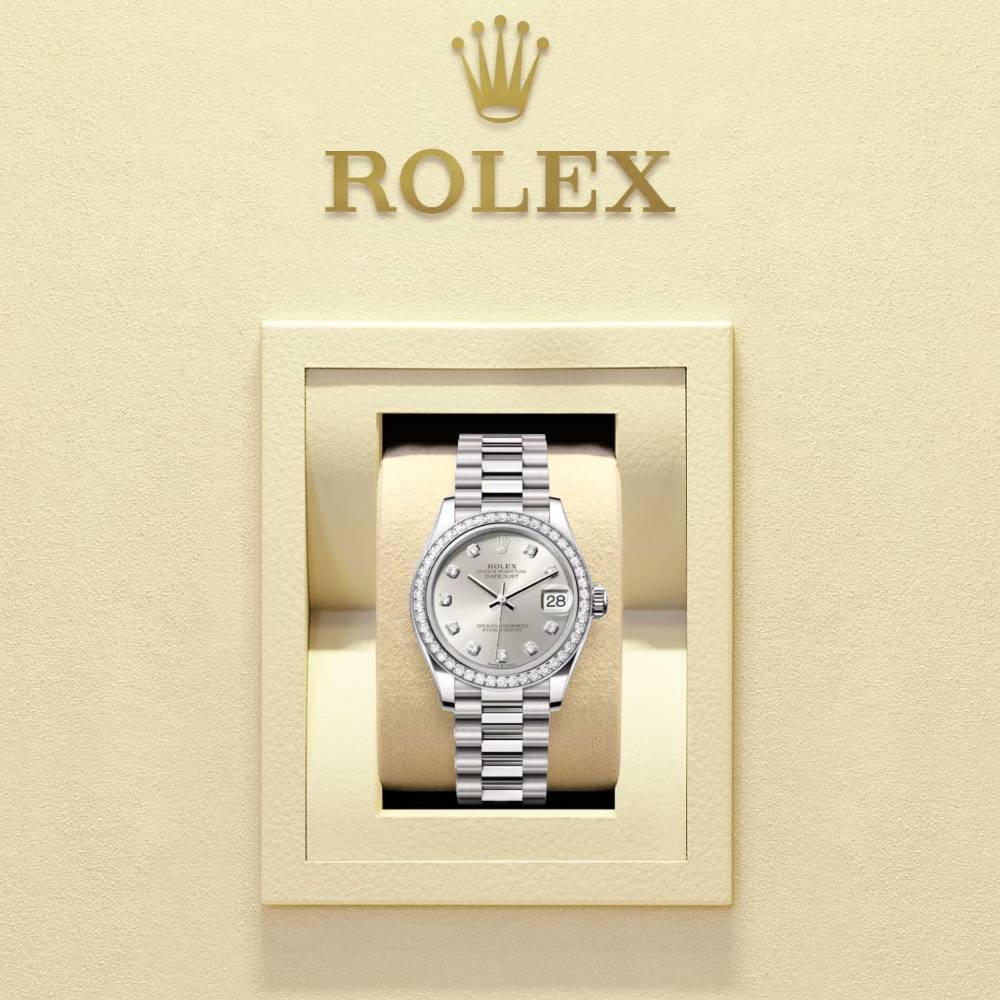 Rolex Datejust 31mm - Ref: 278289rbr-0021 - Silver Diamond Dial & Diamond Bezel, 18K White Gold President Bracelet Women's Watch