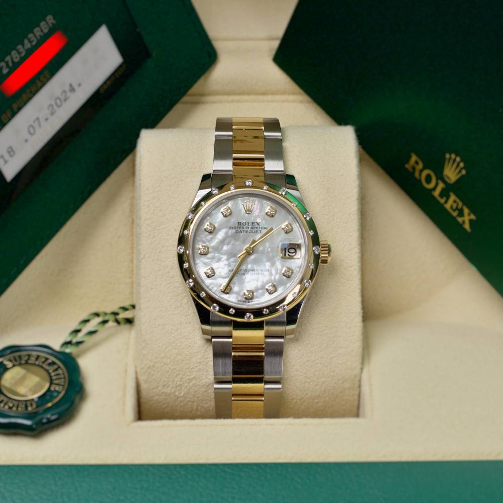 Rolex Datejust 31mm - Ref: 278343rbr-0027 - White Mother of Pearl Diamond Dial & Diamond Bezel, Two Tone Stainless Steel & 18K Yellow Gold Oyster Bracelet Women's Watch