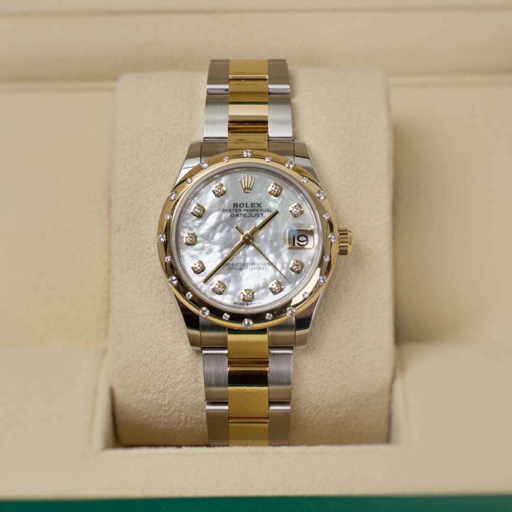 Rolex Datejust 31mm - Ref: 278343rbr-0027 - White Mother of Pearl Diamond Dial & Diamond Bezel, Two Tone Stainless Steel & 18K Yellow Gold Oyster Bracelet Women's Watch