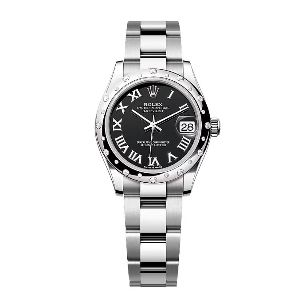 Rolex Datejust 31mm - Ref: 278344rbr-0001 - Black Roman Dial & Diamond Bezel, Stainless Steel Oyster Bracelet Women's Watch