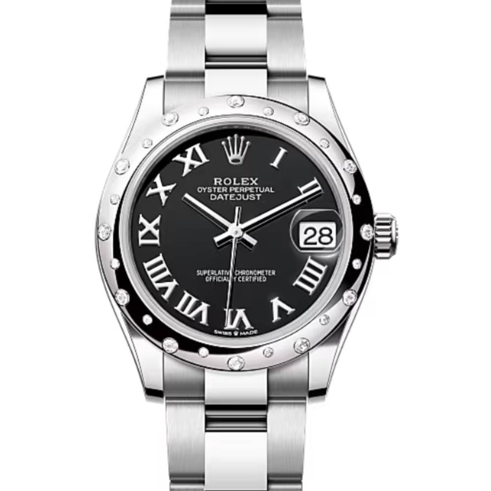 Rolex Datejust 31mm - Ref: 278344rbr-0001 - Black Roman Dial & Diamond Bezel, Stainless Steel Oyster Bracelet Women's Watch