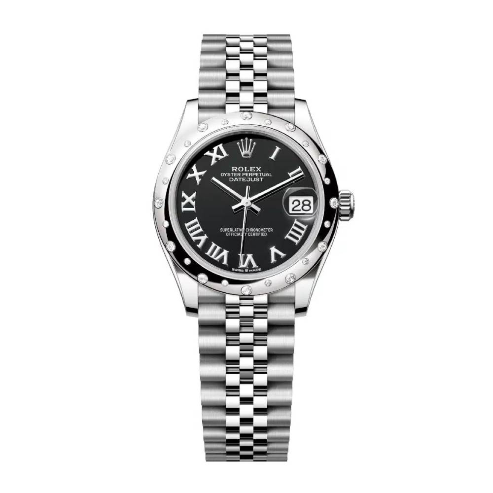 Rolex Datejust 31mm - Ref: 278344rbr-0002 - Black Roman Dial & Diamond Bezel, Stainless Steel Jubilee Bracelet Women's Watch