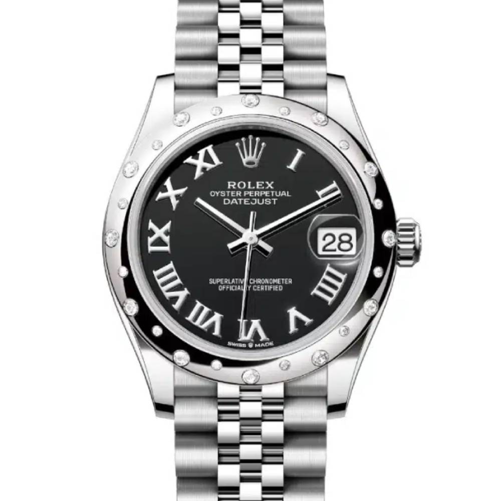 Rolex Datejust 31mm - Ref: 278344rbr-0002 - Black Roman Dial & Diamond Bezel, Stainless Steel Jubilee Bracelet Women's Watch