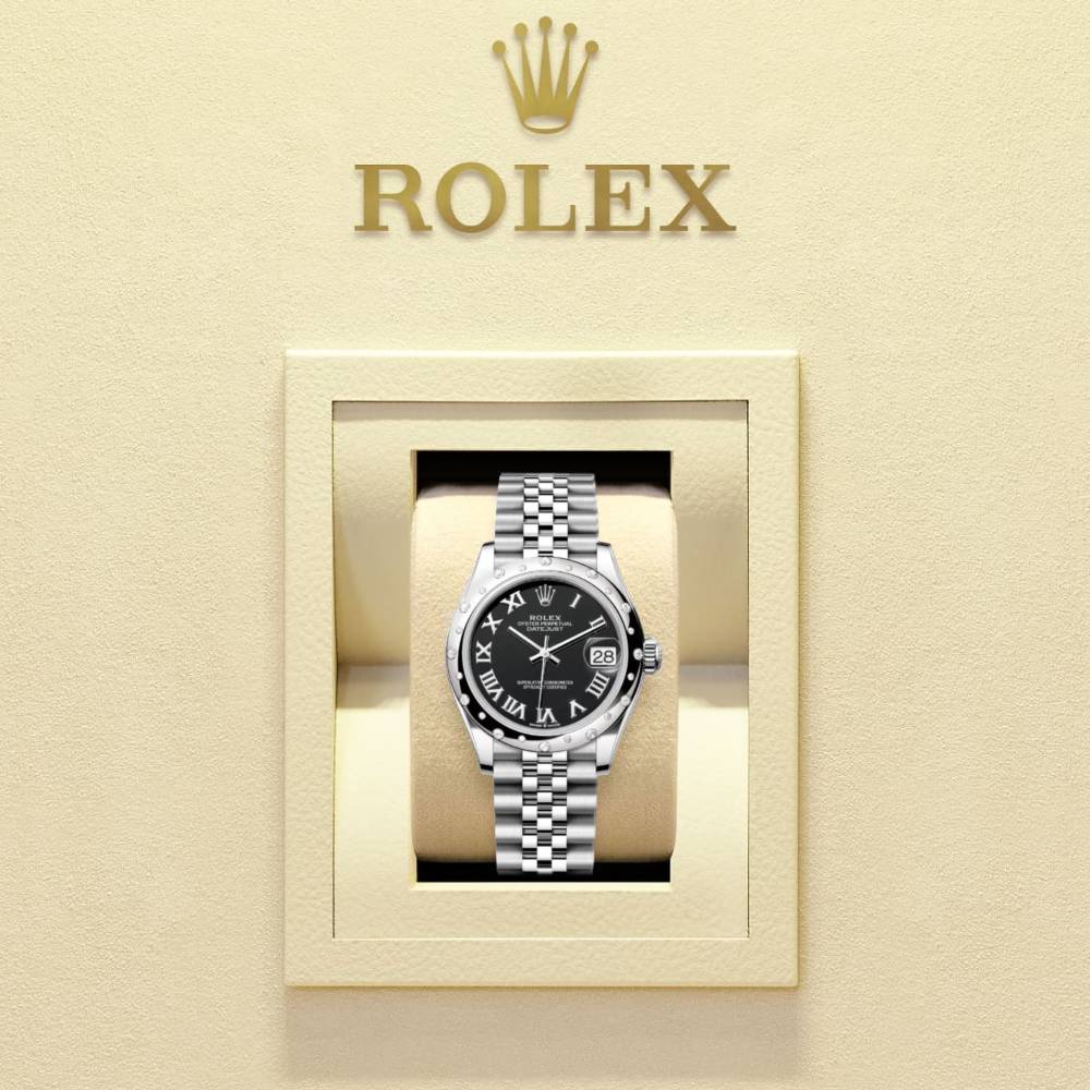 Rolex Datejust 31mm - Ref: 278344rbr-0002 - Black Roman Dial & Diamond Bezel, Stainless Steel Jubilee Bracelet Women's Watch