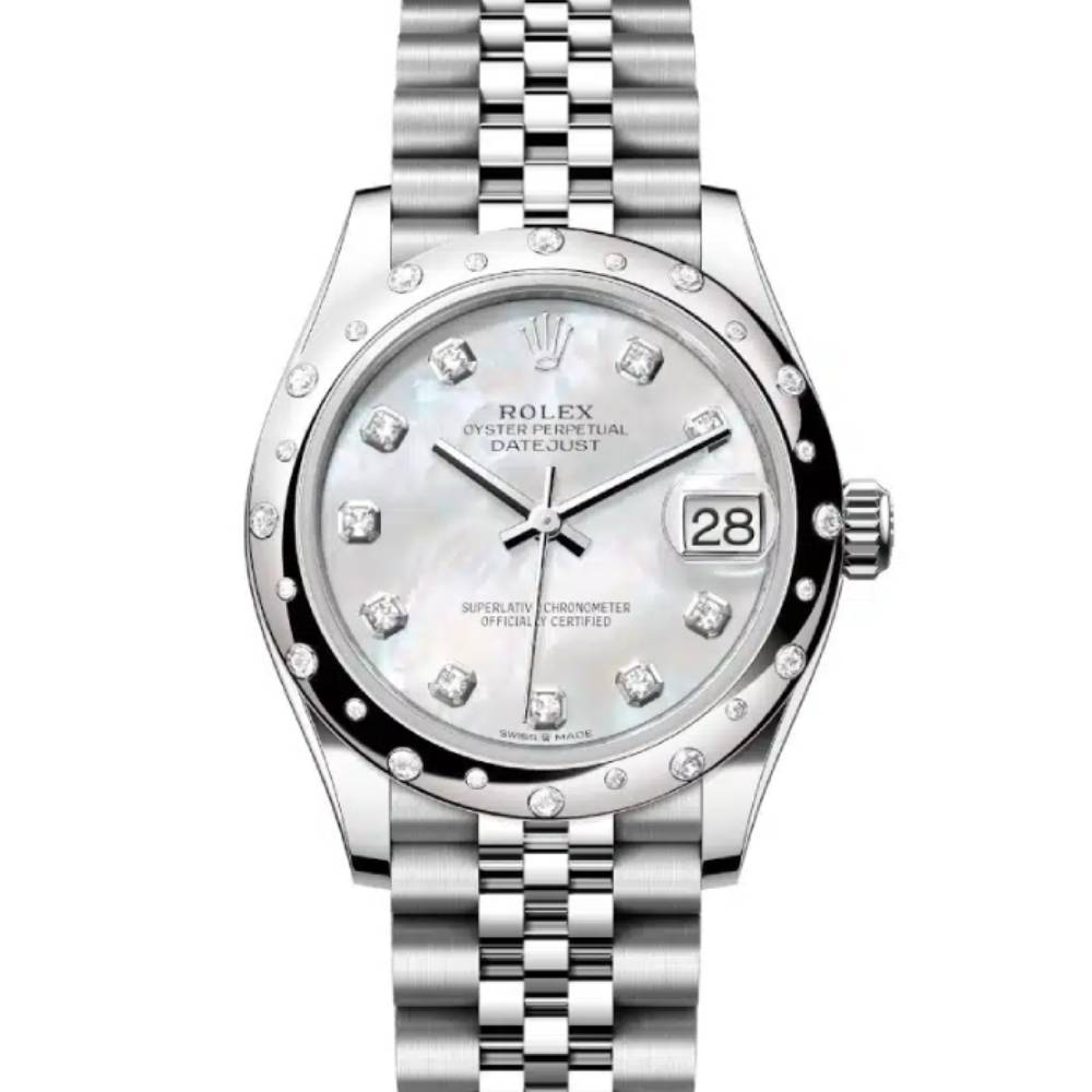 Rolex Datejust 31mm - Ref: 278344rbr-0006 - White Mother of Pearl Diamond Dial & Diamond Bezel, Stainless Steel Jubilee Bracelet Women's Watch