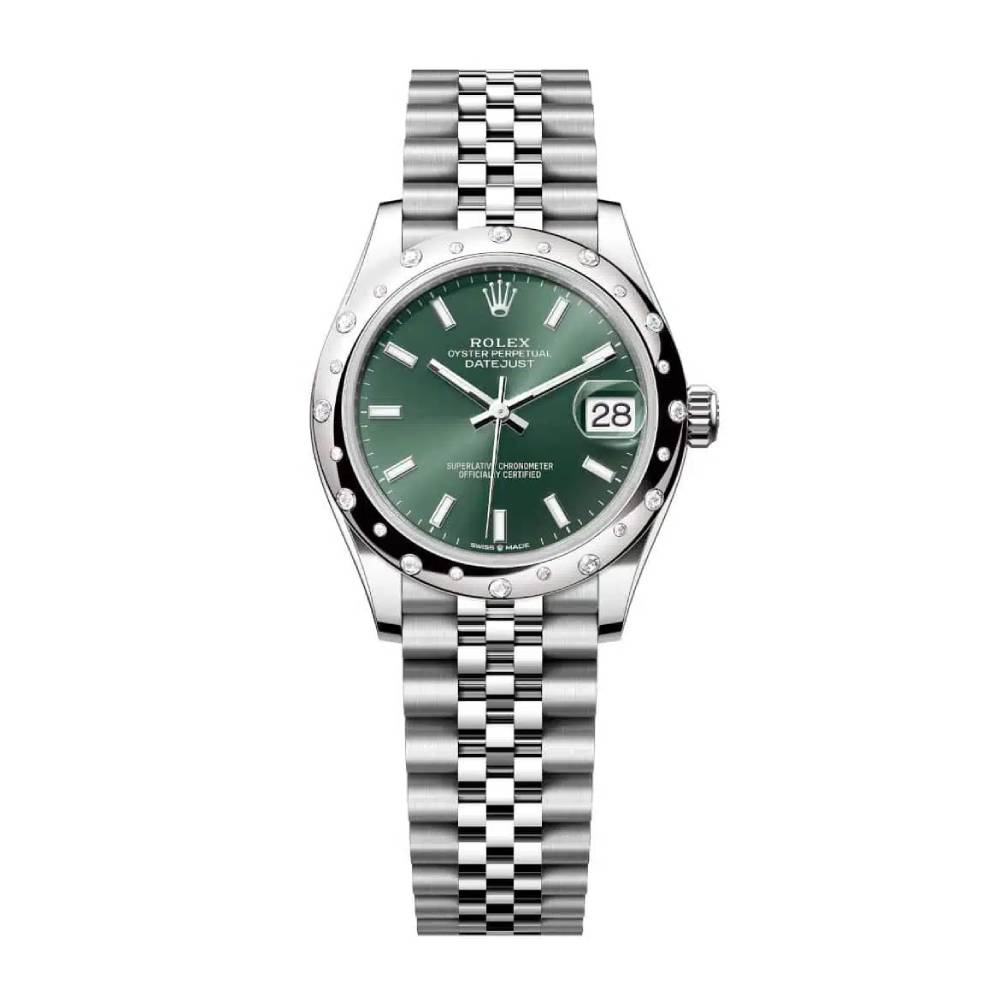 Rolex Datejust 31mm - Ref: 278344rbr-0020 - Mint Green Stick Dial & Diamond Bezel, Stainless Steel Jubilee Bracelet Women's Watch