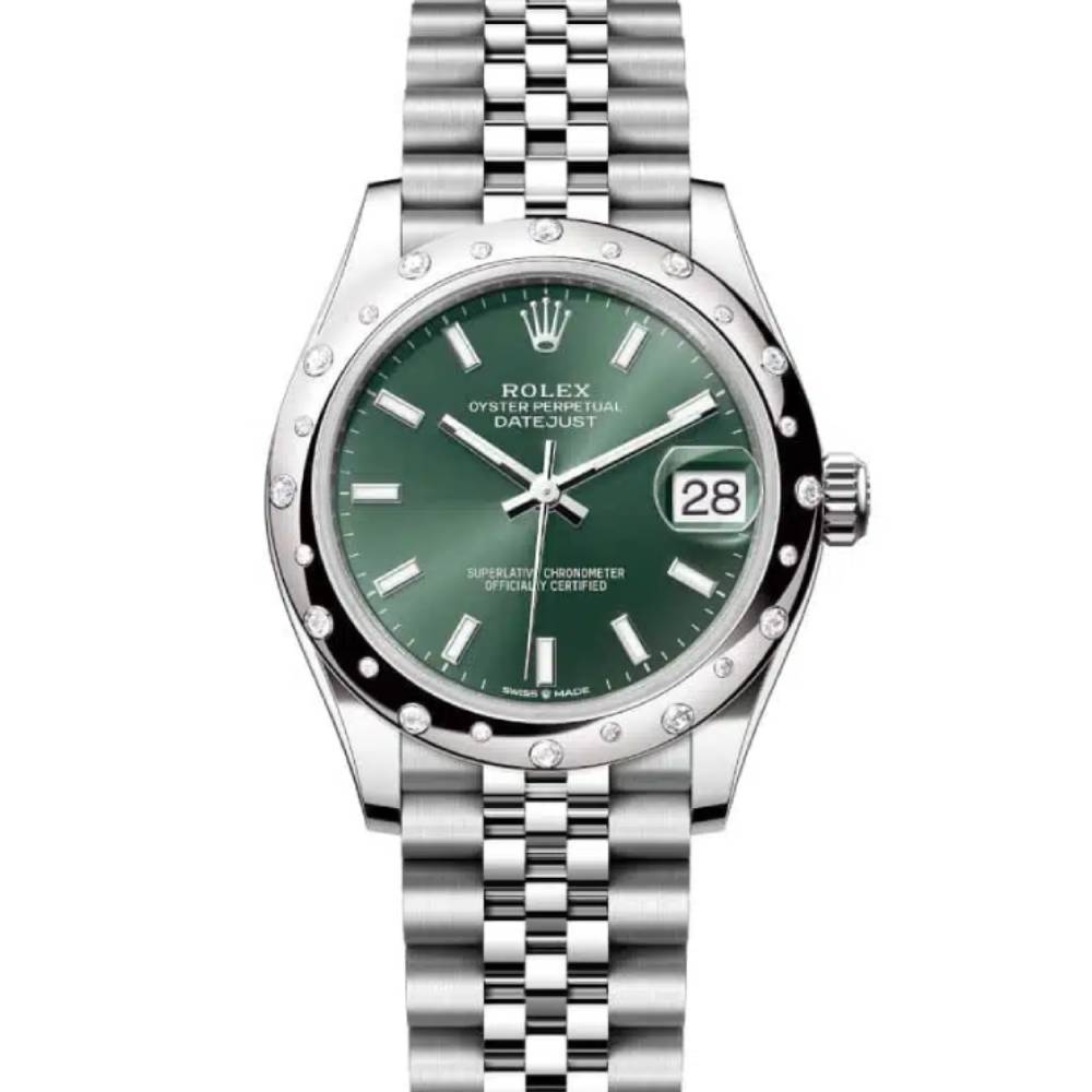 Rolex Datejust 31mm - Ref: 278344rbr-0020 - Mint Green Stick Dial & Diamond Bezel, Stainless Steel Jubilee Bracelet Women's Watch