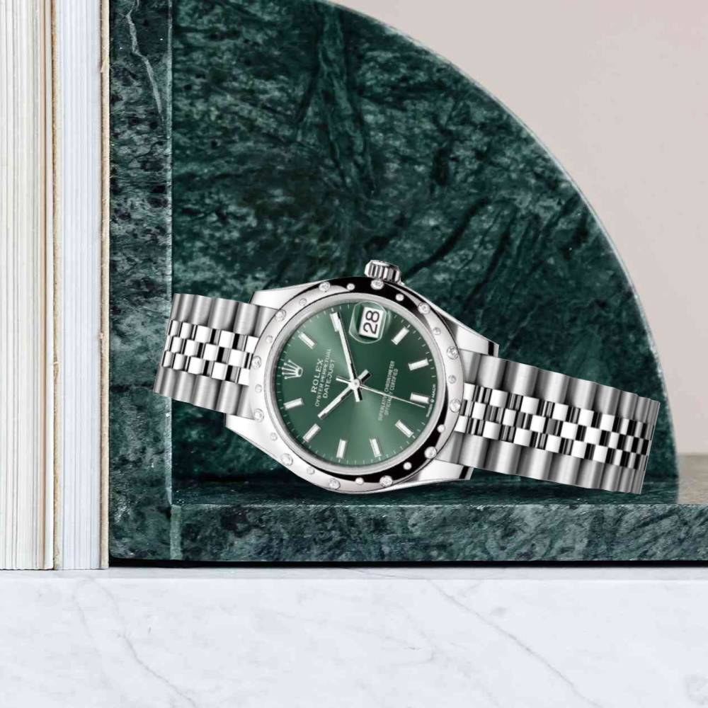 Rolex Datejust 31mm - Ref: 278344rbr-0020 - Mint Green Stick Dial & Diamond Bezel, Stainless Steel Jubilee Bracelet Women's Watch