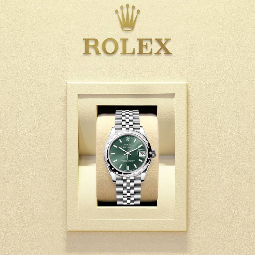 Rolex Datejust 31mm - Ref: 278344rbr-0020 - Mint Green Stick Dial & Diamond Bezel, Stainless Steel Jubilee Bracelet Women's Watch