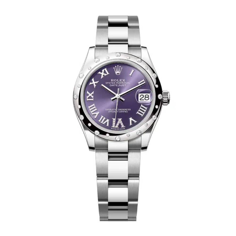 Rolex Datejust 31mm - Ref: 278344rbr-0027 - Aubergine Purple Roman Diamond Dial & Diamond Bezel, Stainless Steel Oyster Bracelet Women's Watch