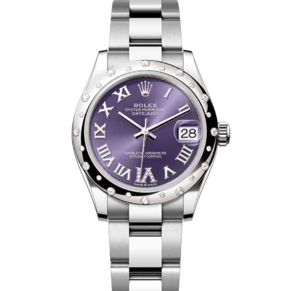 Rolex Datejust 31mm - Ref: 278344rbr-0027 - Aubergine Purple Roman Diamond Dial & Diamond Bezel, Stainless Steel Oyster Bracelet Women's Watch