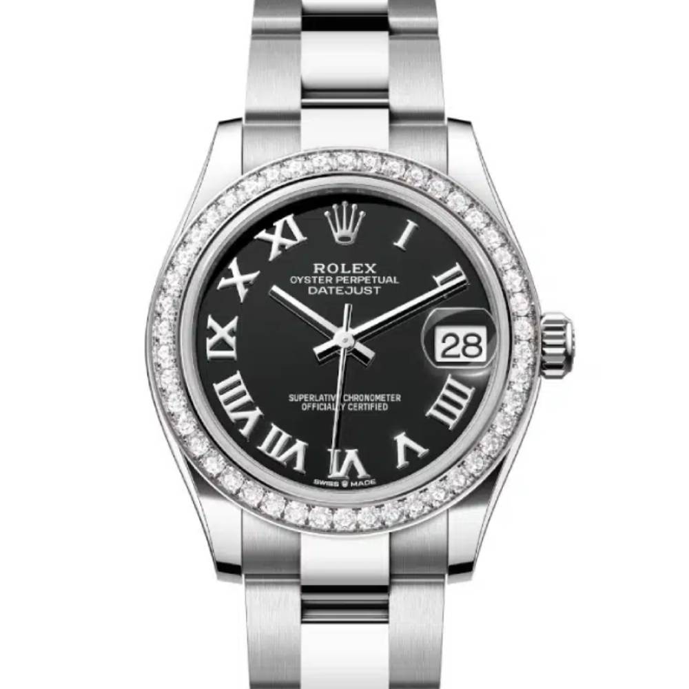 Rolex Datejust 31mm - Ref: 278384rbr-0001 - Black Roman Dial & Diamond Bezel, Stainless Steel Oyster Bracelet Women's Watch