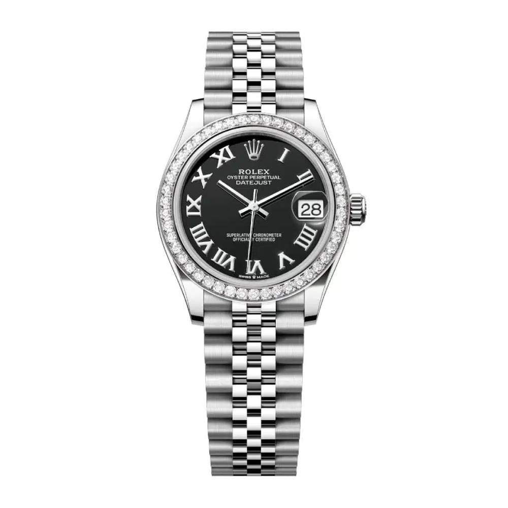 Rolex Datejust 31mm - Ref: 278384rbr-0002 - Black Roman Dial & Diamond Bezel, Stainless Steel Jubilee Bracelet Women's Watch