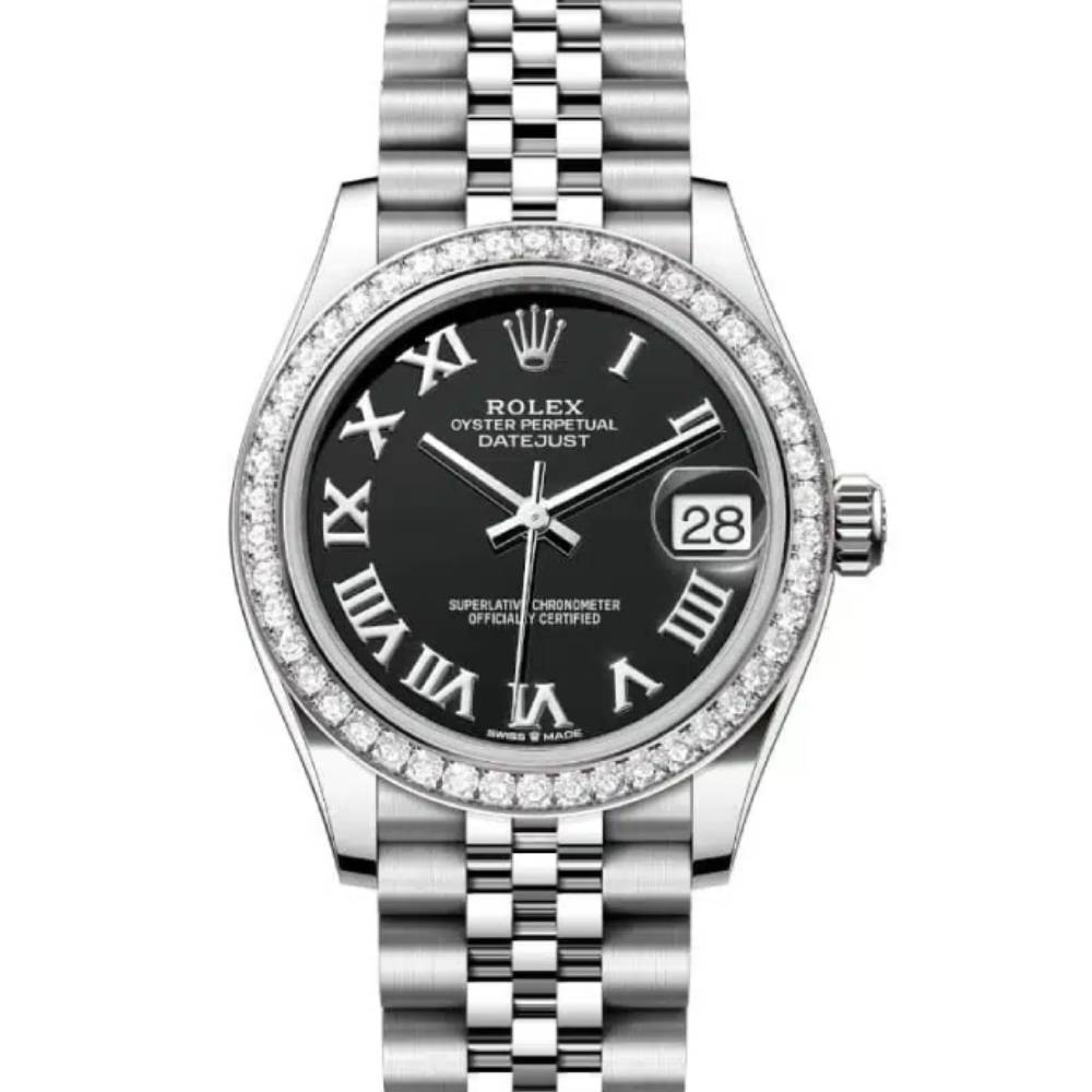 Rolex Datejust 31mm - Ref: 278384rbr-0002 - Black Roman Dial & Diamond Bezel, Stainless Steel Jubilee Bracelet Women's Watch