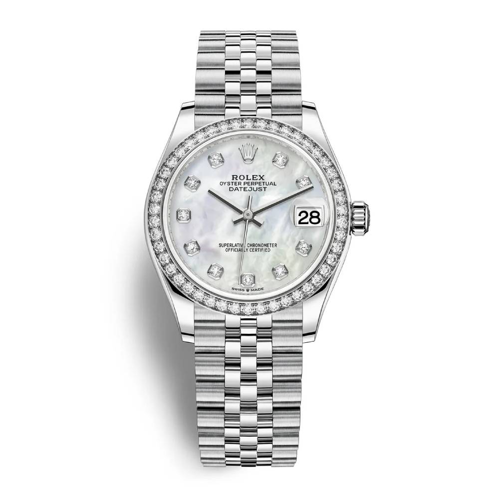 Rolex Datejust 31mm - Ref: 278384rbr-0008 - White Mother of Pearl Diamond Dial & Diamond Bezel, Stainless Steel Jubilee Bracelet Women's Watch