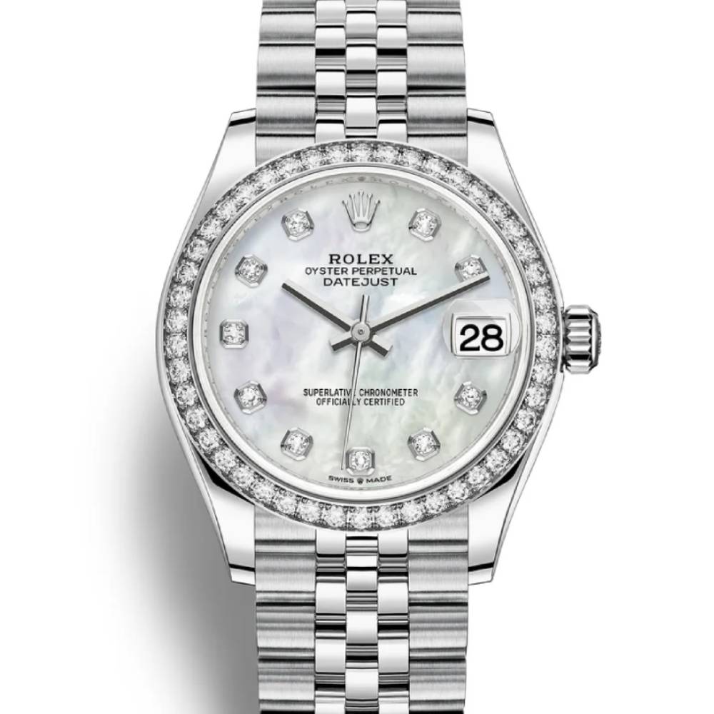 Rolex Datejust 31mm - Ref: 278384rbr-0008 - White Mother of Pearl Diamond Dial & Diamond Bezel, Stainless Steel Jubilee Bracelet Women's Watch