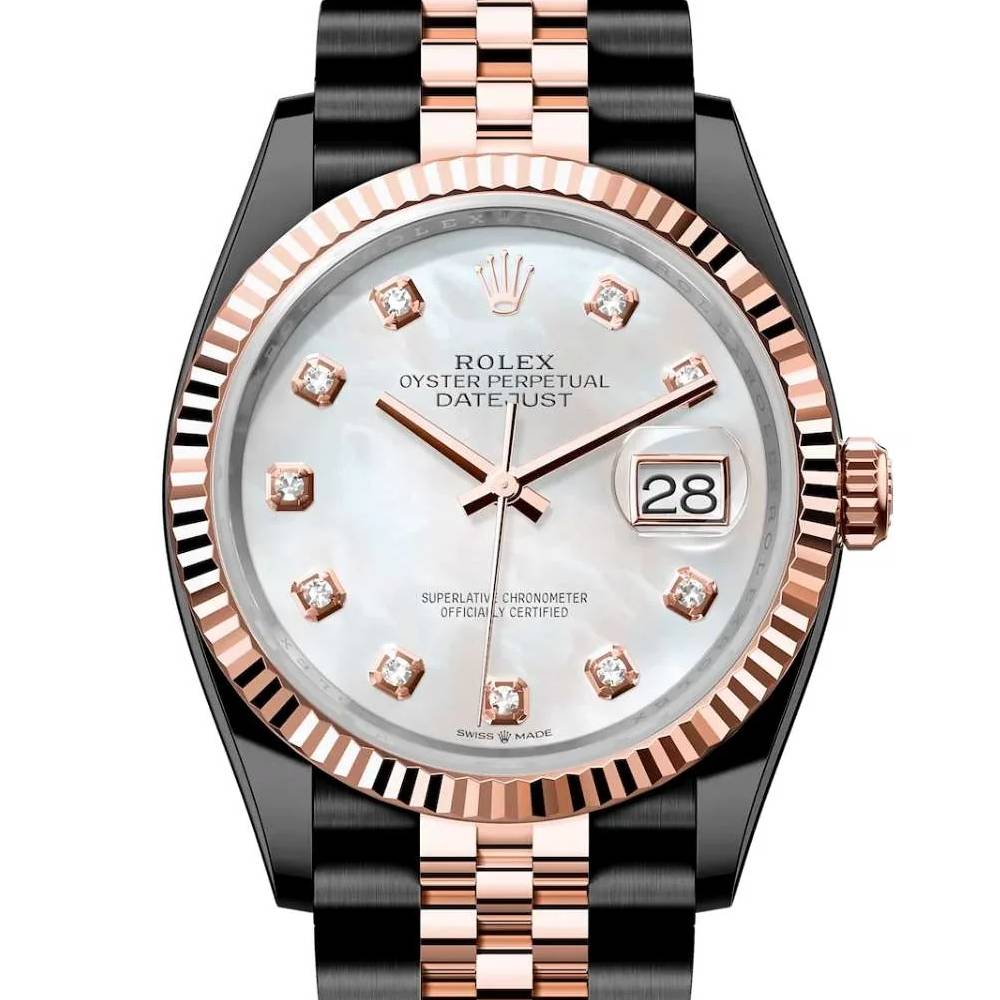 Rolex Datejust 36mm - Ref: 126231-0021 (PVD) - White Mother of Pearl Diamond Dial, Two Tone Black PVD & 18K Rose Gold Jubilee Bracelet Watch