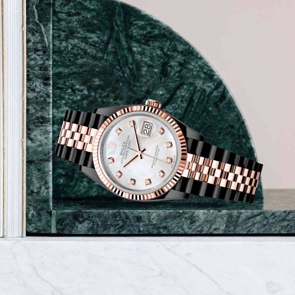 Rolex Datejust 36mm - Ref: 126231-0021 (PVD) - White Mother of Pearl Diamond Dial, Two Tone Black PVD & 18K Rose Gold Jubilee Bracelet Watch