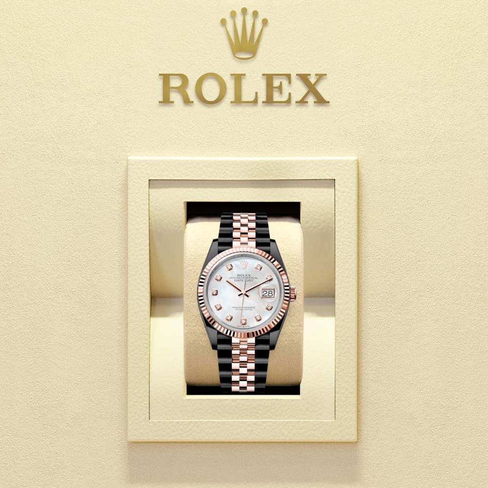 Rolex Datejust 36mm - Ref: 126231-0021 (PVD) - White Mother of Pearl Diamond Dial, Two Tone Black PVD & 18K Rose Gold Jubilee Bracelet Watch