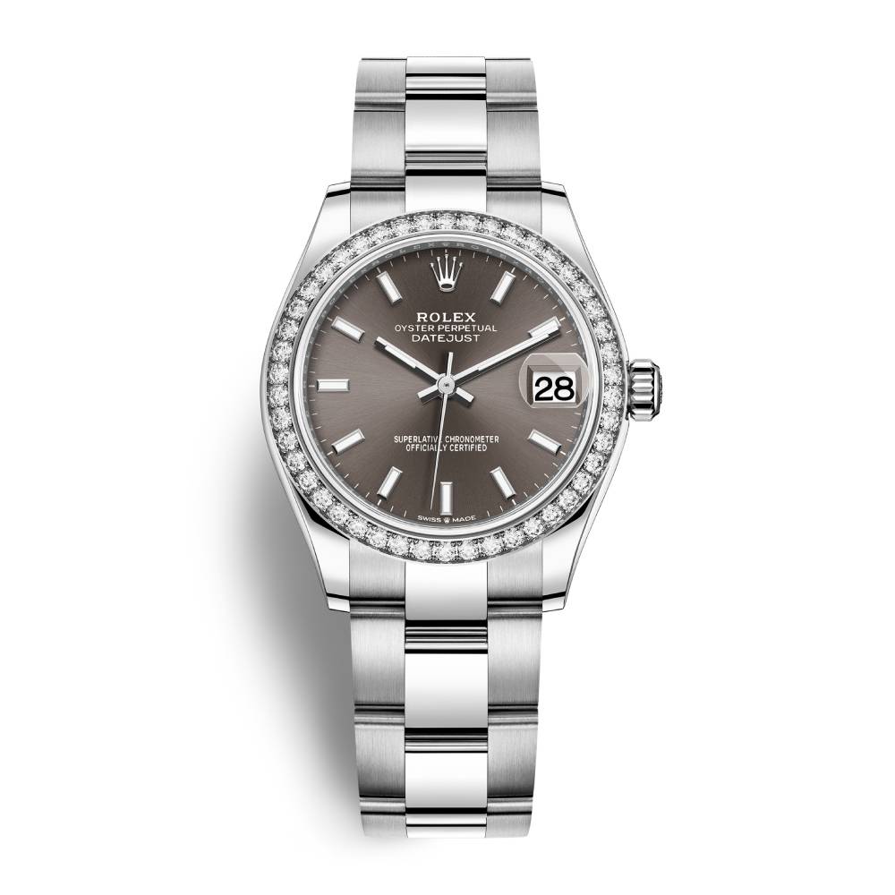 Rolex Datejust 31mm - Ref: 278384rbr-0019 - Dark Grey Stick Dial & Diamond Bezel, Stainless Steel Oyster Bracelet Women's Watch