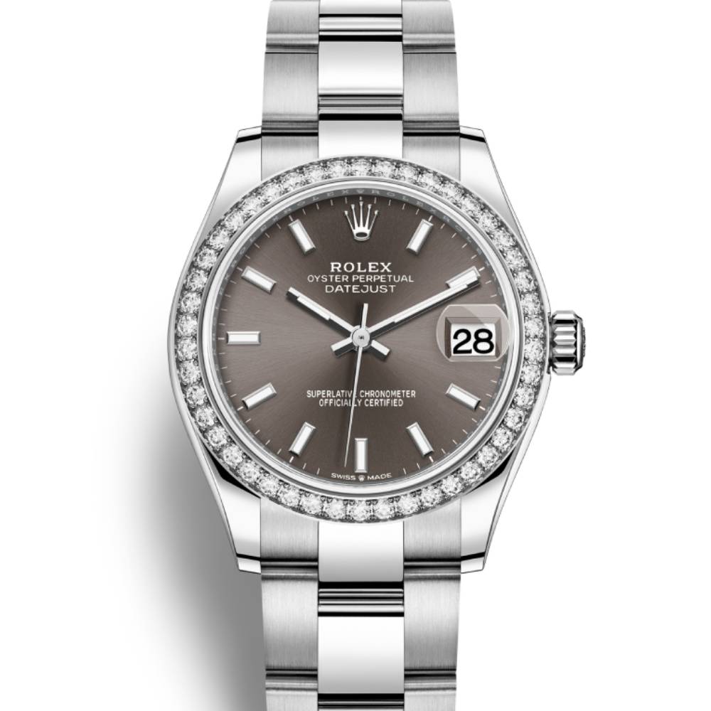 Rolex Datejust 31mm - Ref: 278384rbr-0019 - Dark Grey Stick Dial & Diamond Bezel, Stainless Steel Oyster Bracelet Women's Watch