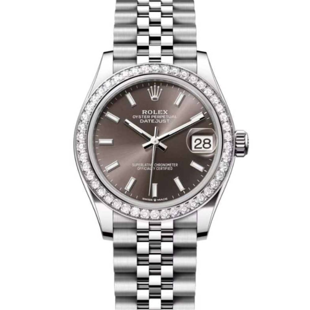 Rolex Datejust 31mm - Ref: 278384rbr-0020 - Dark Grey Stick Dial & Diamond Bezel, Stainless Steel Jubilee Bracelet Women's Watch