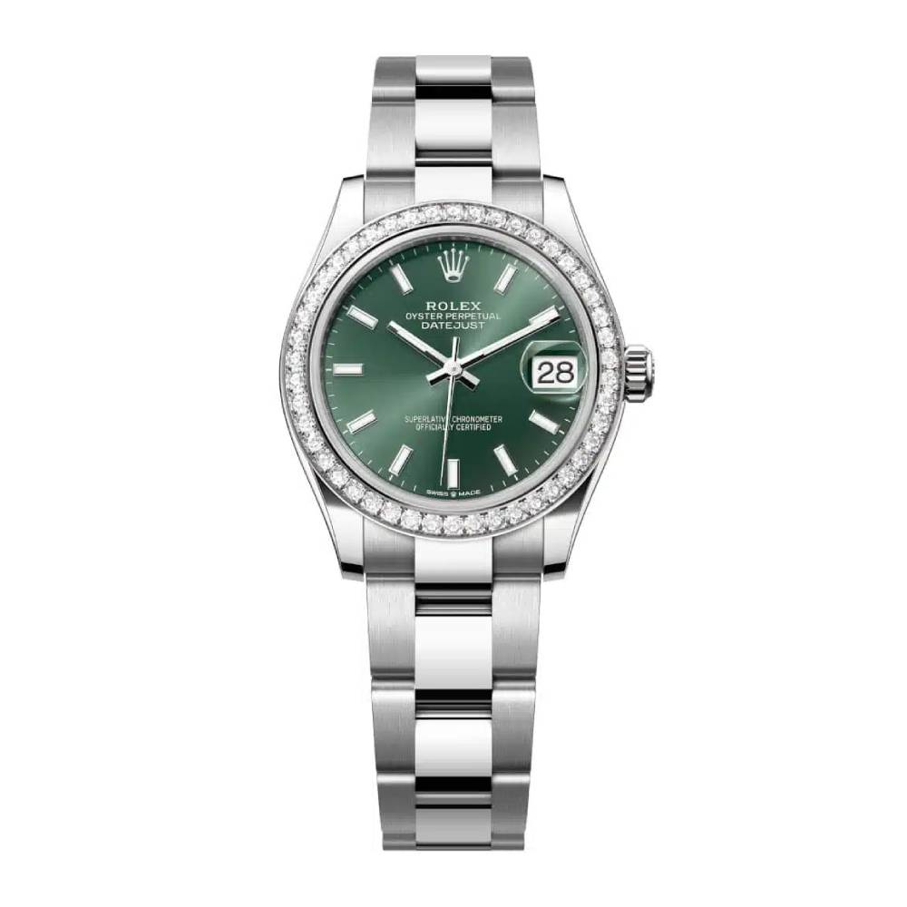 Rolex Datejust 31mm - Ref: 278384rbr-0021 - Mint Green Stick Dial & Diamond Bezel, Stainless Steel Oyster Bracelet Women's Watch