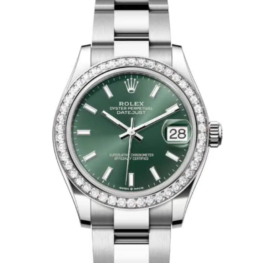 Rolex Datejust 31mm - Ref: 278384rbr-0021 - Mint Green Stick Dial & Diamond Bezel, Stainless Steel Oyster Bracelet Women's Watch