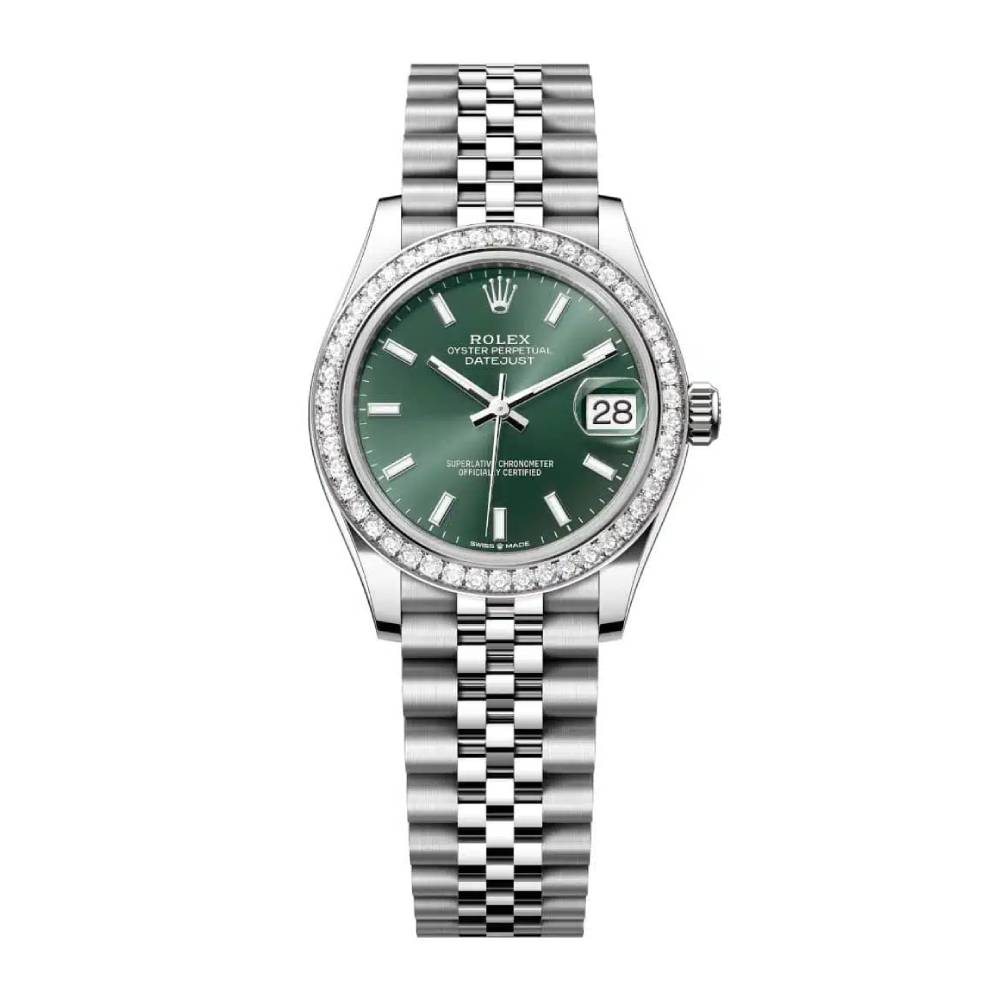 Rolex Datejust 31mm - Ref: 278384rbr-0022 - Mint Green Stick Dial & Diamond Bezel, Stainless Steel Jubilee Bracelet Women's Watch