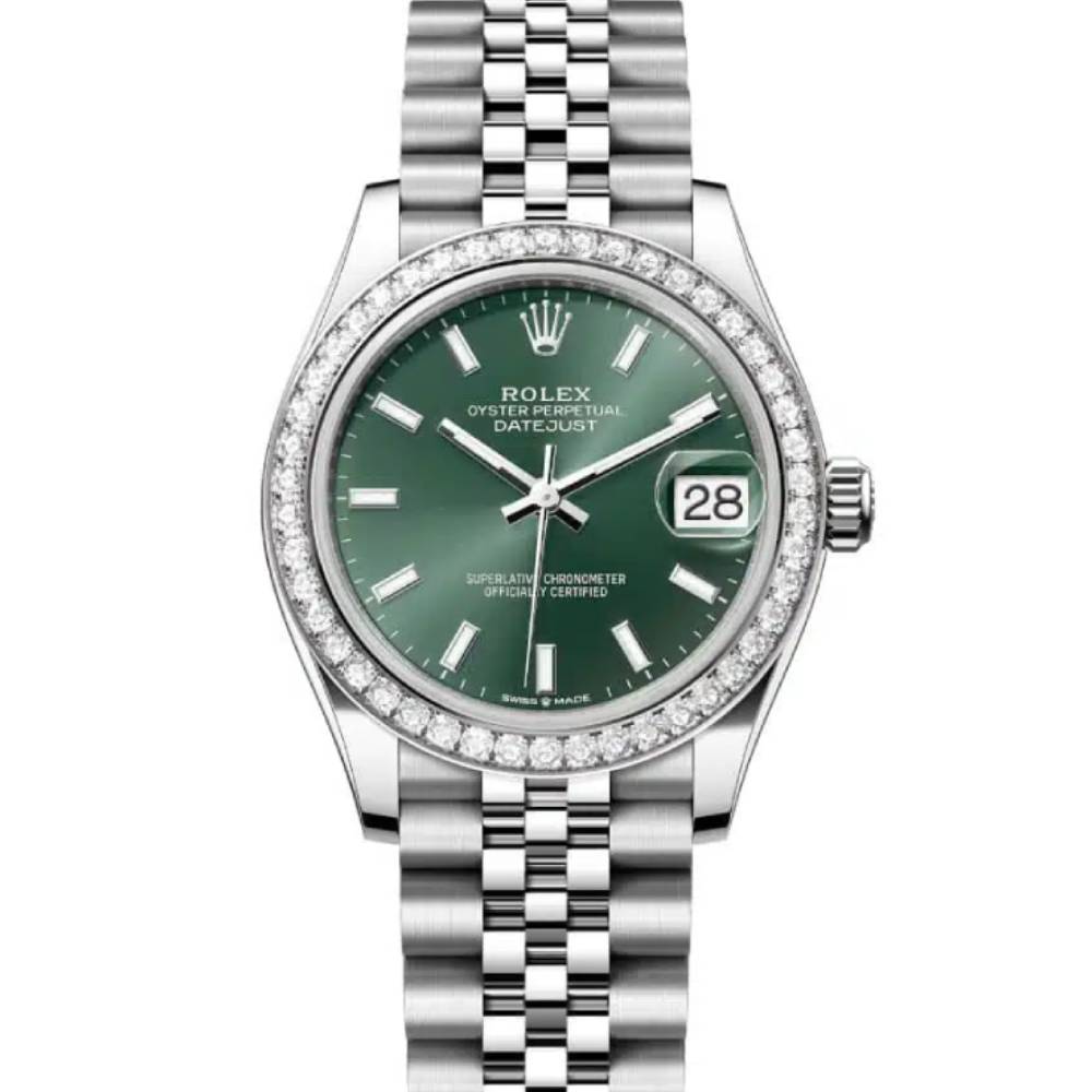 Rolex Datejust 31mm - Ref: 278384rbr-0022 - Mint Green Stick Dial & Diamond Bezel, Stainless Steel Jubilee Bracelet Women's Watch