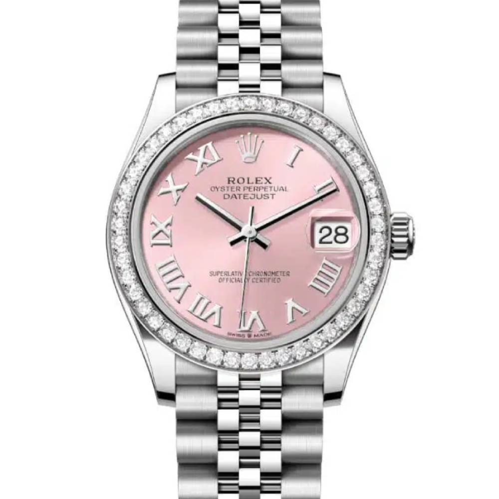 Rolex Datejust 31mm - Ref: 278384rbr-0024 - Pink Roman Dial & Diamond Bezel, Stainless Steel Jubilee Bracelet Women's Watch