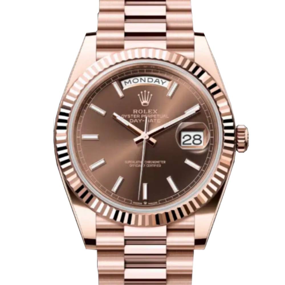 Rolex Day Date 40mm - Ref: 228235 - Chocolate Stick Dial & Fluted Bezel, 18K Rose Gold President Bracelet Men's Watch