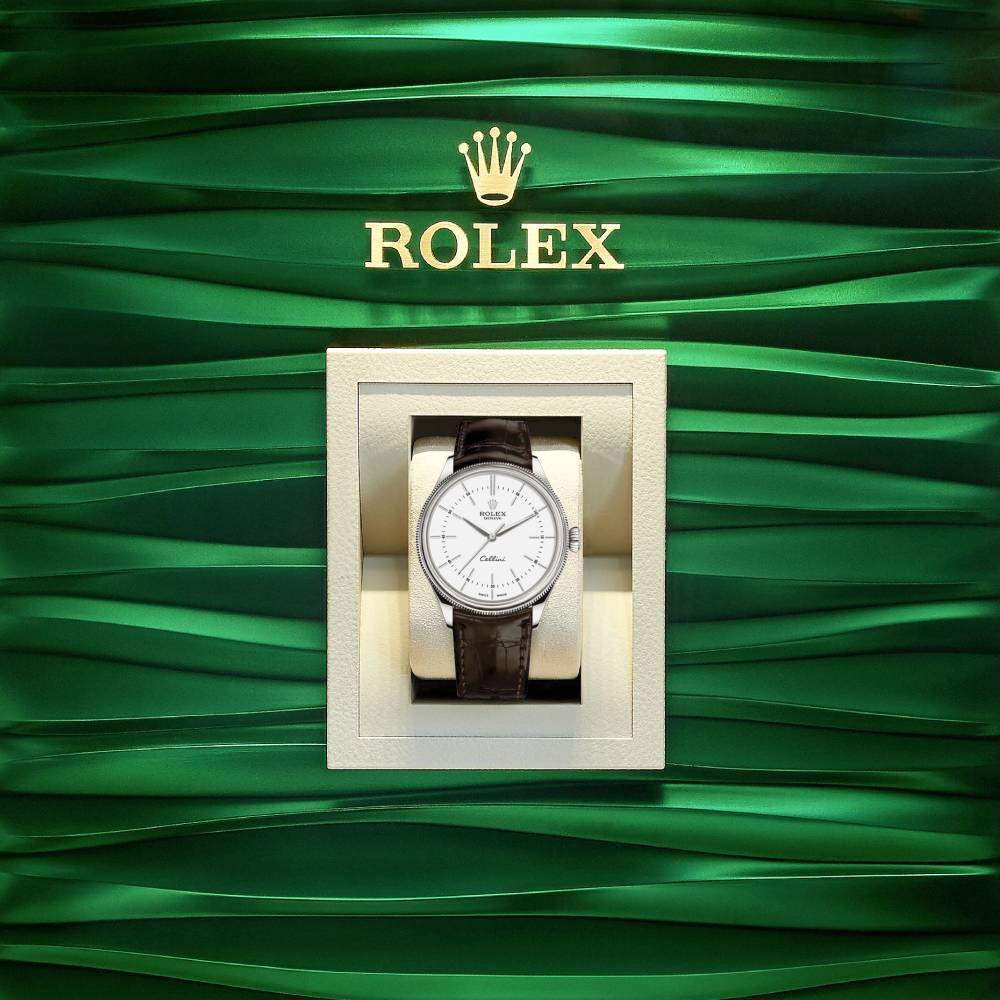 Rolex Cellini Time 39mm - Ref: 50509-0017 - White Index Dial, Domed & Fluted Double Bezel, 18K White Gold & Tobacco Brown Leather Strap Watch