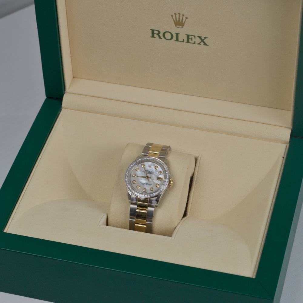 Rolex Datejust 31mm - Ref: 68273 - Aftermarket White Mother of Pearl Diamond Dial & Diamond Bezel, Two Tone Stainless Steel & 18K Yellow Gold Oyster Bracelet Women's Watch