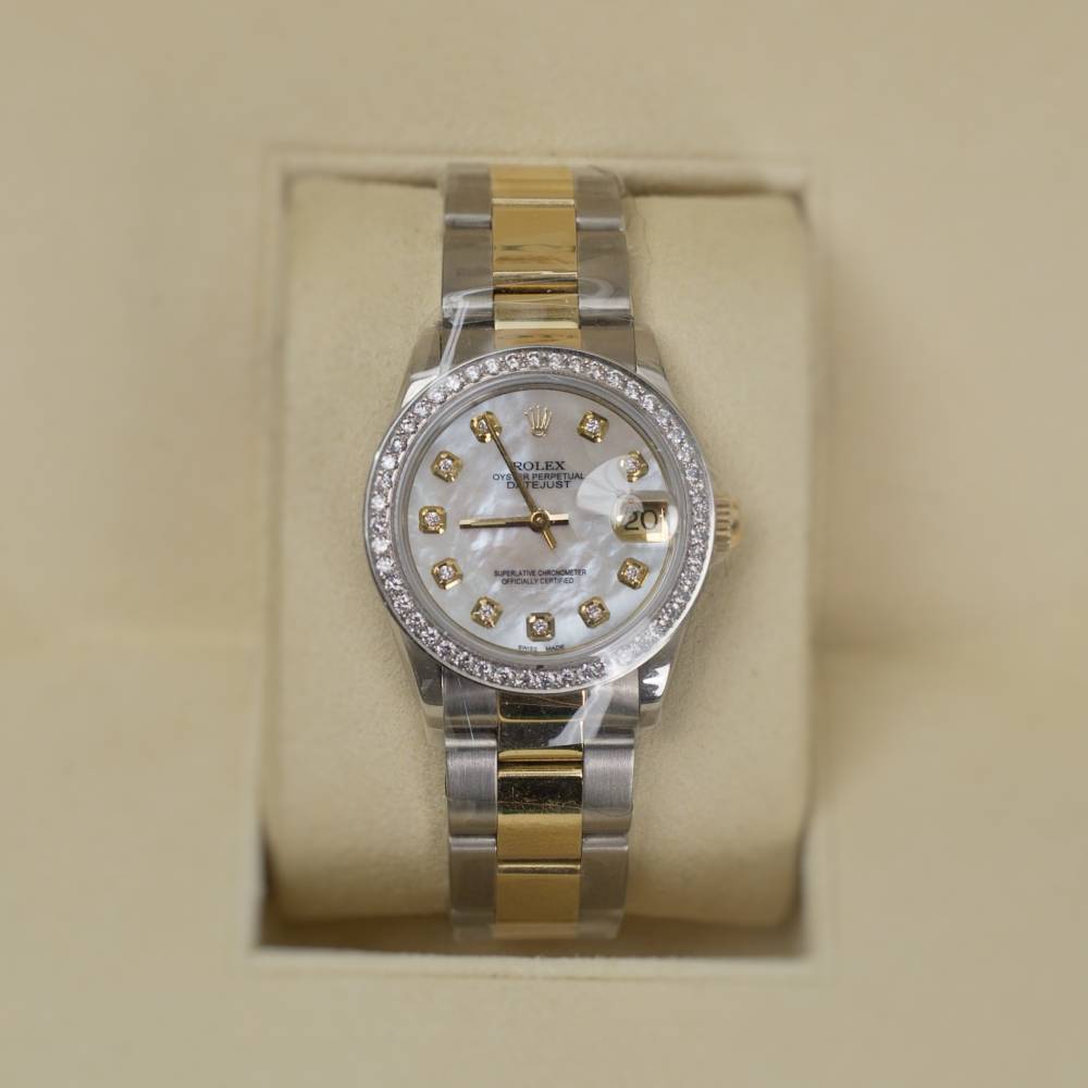 Rolex Datejust 31mm - Ref: 68273 - Aftermarket White Mother of Pearl Diamond Dial & Diamond Bezel, Two Tone Stainless Steel & 18K Yellow Gold Oyster Bracelet Women's Watch