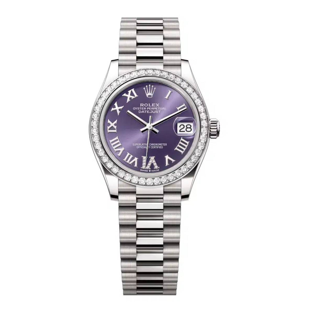 Rolex Datejust 31mm - Ref: 278289rbr-0019 - Aubergine Purple Roman Diamond Dial & Diamond Bezel, 18K White Gold President Bracelet Women's Watch