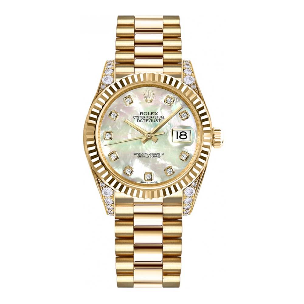 Rolex Datejust 31mm - Ref: 178238 mdp - White Mother of Pearl Dial, Diamond Case, 18K Yellow Gold President Bracelet Women's Watch