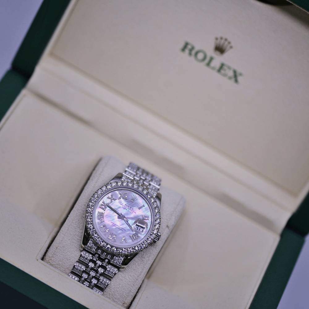 Rolex Datejust 36mm Custom Iced Out - Ref: 116200 - White Mother of Pearl Dial, Stainless Steel Jubilee Bracelet Watch